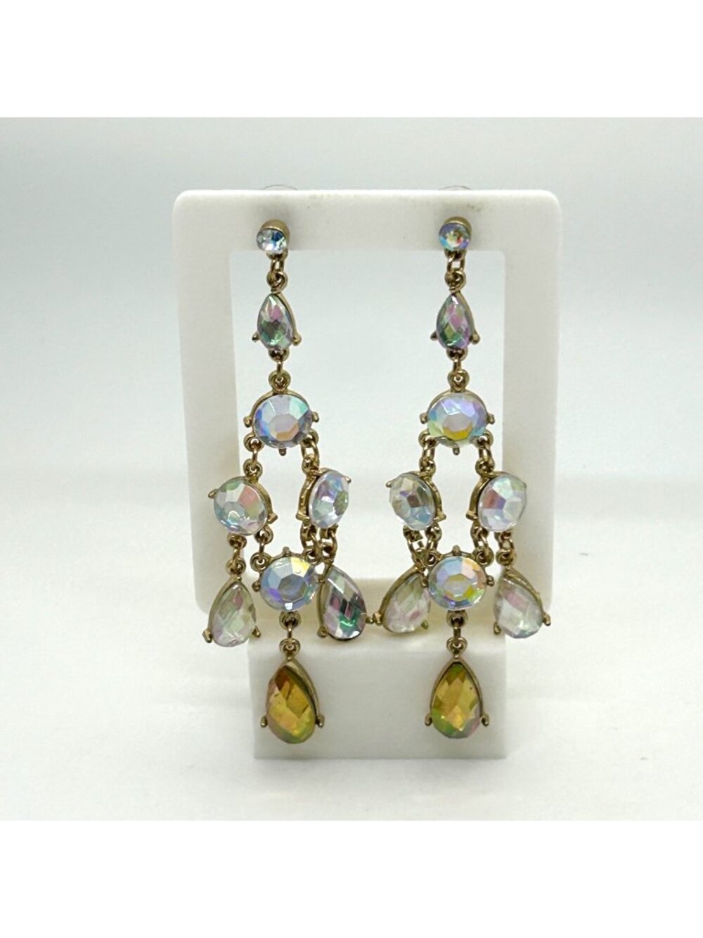 Vintage Gold Tone Aurora Borealis Earrings Acrylic Rhinestone Chandelier Dangle
